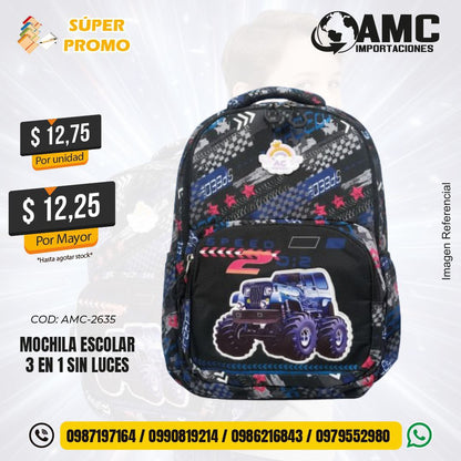 Mochila escolar 3 en 1 sin luces AMC-2635