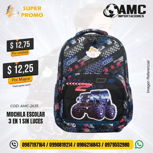 Mochila escolar 3 en 1 sin luces AMC-2635