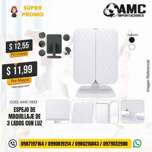 Espejo de maquillaje de 3 lados con luz AMC-1933
